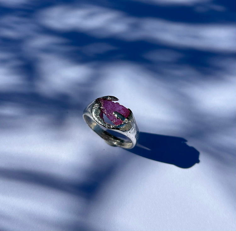 Freedom! Raw pink sapphire sand cast ring